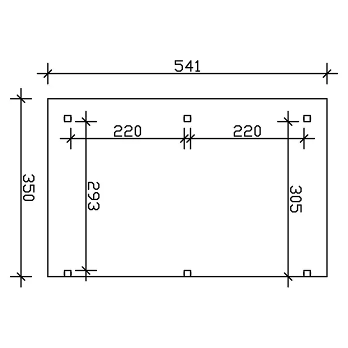 SKAN HOLZ Terrassenüberdachung Siena - B x T: 541 x 350 cm, Anthrazit, Polycarbonat, Transparent - Technische Zeichnung einer rechteckigen Komponente mit Gesamtmaßen und präzisen Lochpositionen.