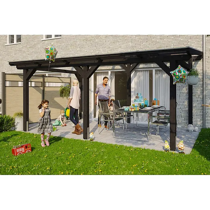 SKAN HOLZ Terrassenüberdachung Siena - B x T: 541 x 250 cm, Anthrazit, Polycarbonat, Transparent - Schwarze Pergola über einer Terrasse, eine Familie feiert im Garten.
