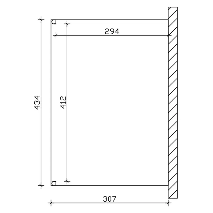 SKAN HOLZ Terrassenüberdachung Genua - B x T: 434 x 307 cm, Weiß, Polycarbonat, Transparent - Technische Zeichnung eines rechteckigen Rahmens mit Außenmaßen 434x307 und Innenmaßen 412x294, an einer Wand dargestellt.