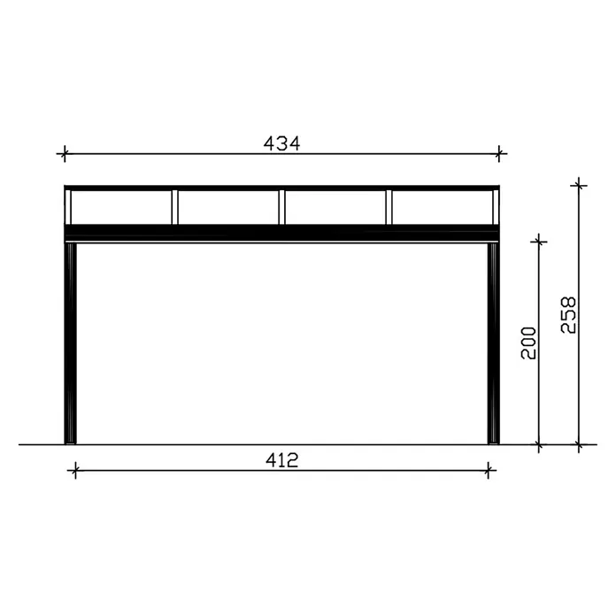 SKAN HOLZ Terrassenüberdachung Genua - B x T: 434 x 307 cm, Weiß, Polycarbonat, Transparent - Bemaßte technische Zeichnung eines rechteckigen Gestells, die Breiten (434, 412) und Höhen (258, 200) angibt.