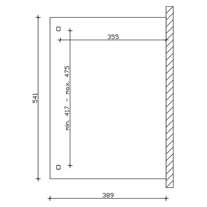 SKAN HOLZ Terrassenüberdachung Verona - B x T: 541 x 389 cm, Schiefergrau, Polycarbonat, Transparent - Montagezeichnung mit Maßen für ein rechteckiges Wandelement: 389mm Breite, 541mm Höhe, mit verstellbaren Befestigungspositionen.