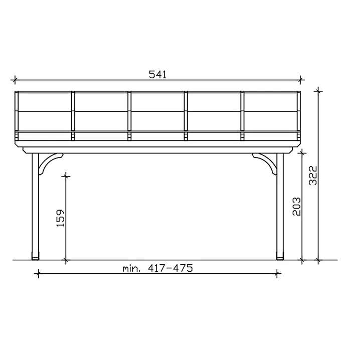 SKAN HOLZ Terrassenüberdachung Verona - B x T: 541 x 389 cm, Schiefergrau, Polycarbonat, Transparent - Technische Zeichnung einer erhöhten Plattform mit Geländer und Stützpfosten, zeigt Gesamtlänge 541 und Höhe 322.
