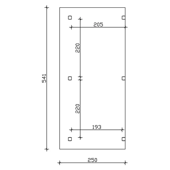 SKAN HOLZ Terrassenüberdachung Siena - B x T: 541 x 250 cm, Schiefergrau, Polycarbonat, Transparent - Technische Zeichnung einer rechteckigen Platte mit Befestigungslöchern und Maßen.