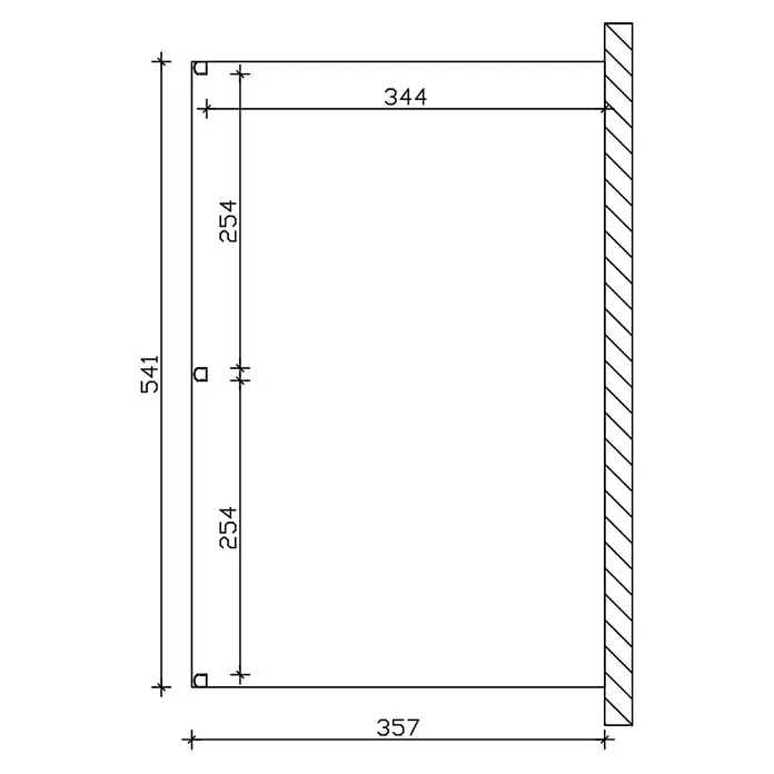 SKAN HOLZ Terrassenüberdachung Garda - B x T: 541 x 357 cm, Weiß, Polycarbonat, Transparent - Technische Zeichnung eines rechteckigen Rahmens mit Befestigungspunkten, Maße: Gesamthöhe 541, Breiten 344/357, Segmenthöhe 254.
