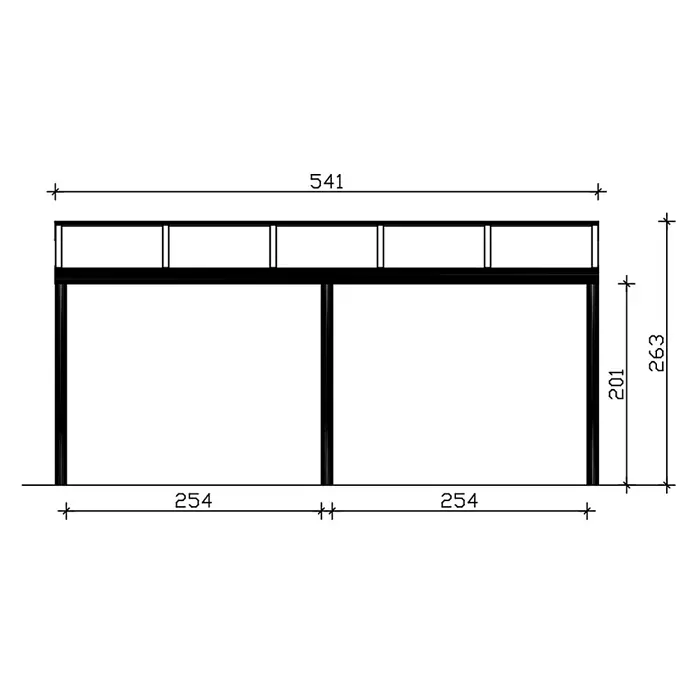 SKAN HOLZ Terrassenüberdachung Garda - B x T: 541 x 357 cm, Weiß, Polycarbonat, Transparent - Vorderansicht einer zweistöckigen Ablage mit zwei Hauptfächern und Maßen: B 541, H 263.
