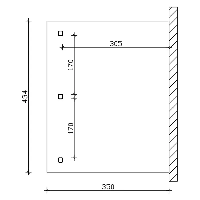 SKAN HOLZ Terrassenüberdachung Rimini - B x T: 434 x 350 cm, Natur, Polycarbonat, Transparent - Montagezeichnung: Rechteckige Platte (350x434) mit drei quadratischen Löchern und Installationsmaßen.