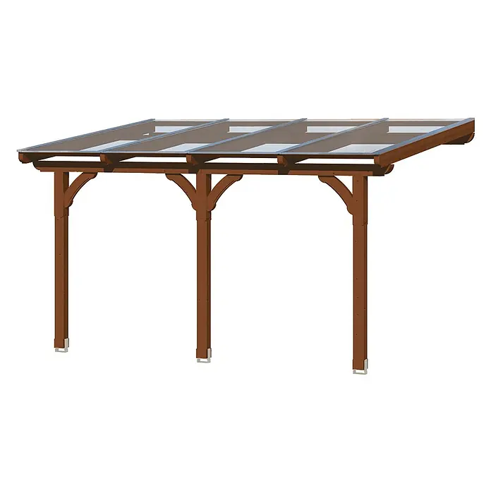 SKAN HOLZ Terrassenüberdachung Rimini - B x T: 434 x 300 cm, Nussbaum, Polycarbonat, Transparent - Brauner Holzcarport mit transparenten Dachplatten, getragen von vier Pfosten und Zierstreben.