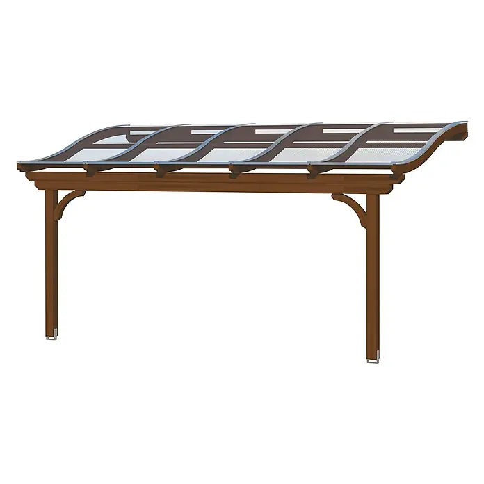 SKAN HOLZ Terrassenüberdachung Verona - B x T: 541 x 289 cm, Nussbaum, Polycarbonat, Transparent - Braunes Holz-Vordach mit zwei Pfosten und gebogenem, transparentem Dach.