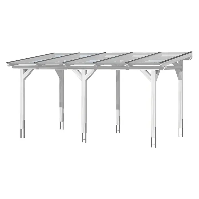 SKAN HOLZ Terrassenüberdachung Siena - B x T: 541 x 300 cm, Weiß, Polycarbonat, Transparent - Weiße Holzpergola mit transparentem Dach und Metallpfostenankern für den Außenschutz.