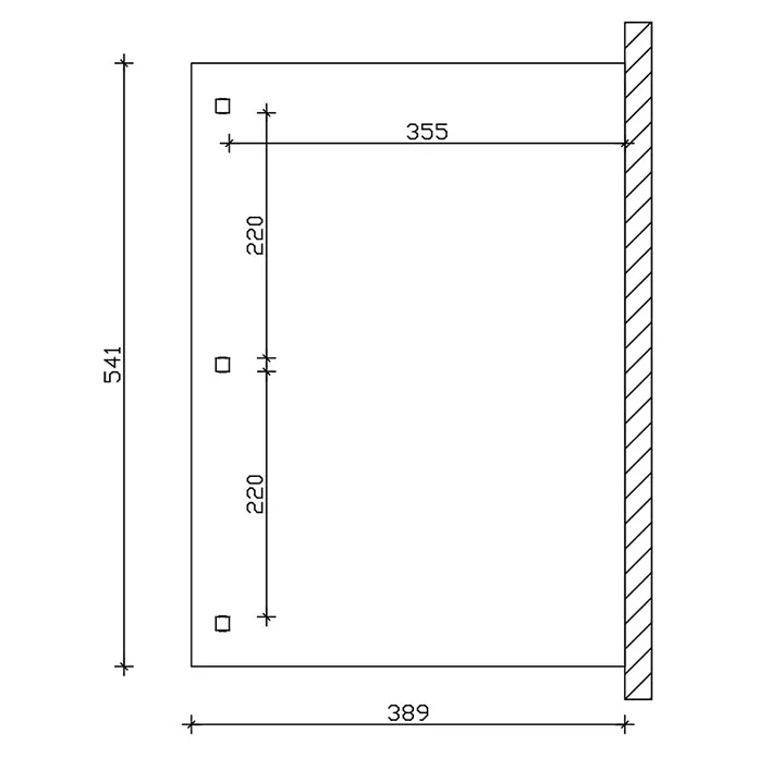 SKAN HOLZ Terrassenüberdachung Venezia - B x T: 541 x 389 cm, Weiß, Polycarbonat, Transparent - Montagezeichnung einer rechteckigen Komponente (541x389) mit vier Bohrlöchern.