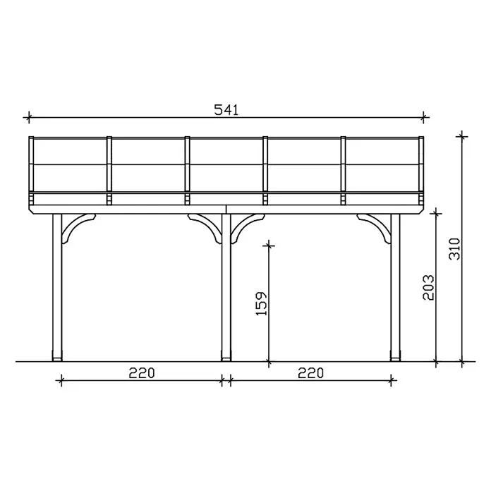 SKAN HOLZ Terrassenüberdachung Venezia - B x T: 541 x 389 cm, Weiß, Polycarbonat, Transparent - Technische Zeichnung einer erhöhten Holzterrasse oder eines Balkons mit Geländer und Maßen.