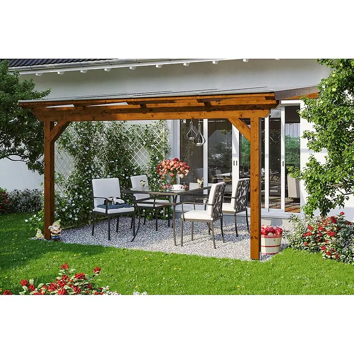SKAN HOLZ Terrassenüberdachung Ancona - B x T: 434 x 250 cm, Nussbaum, Polycarbonat, Transparent - Braune Holzpergola mit klarem Dach über einer Außenterrasse.