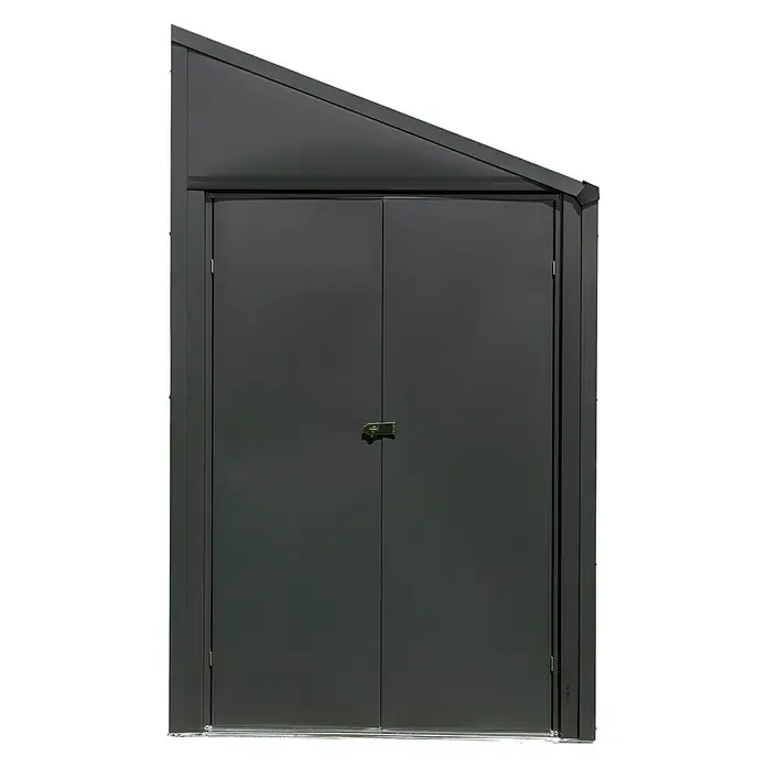 Spacemaker Geräteschrank 4x7 - Außenbreite inkl. Dachüberstand: 124 cm, Außentiefe inkl. Dachüberstand: 203 cm, Stahl, Grau - Ein doppelter Gartenschrank mit einem abschließbaren Schloss und schrägem Dach für den Außenbereich.