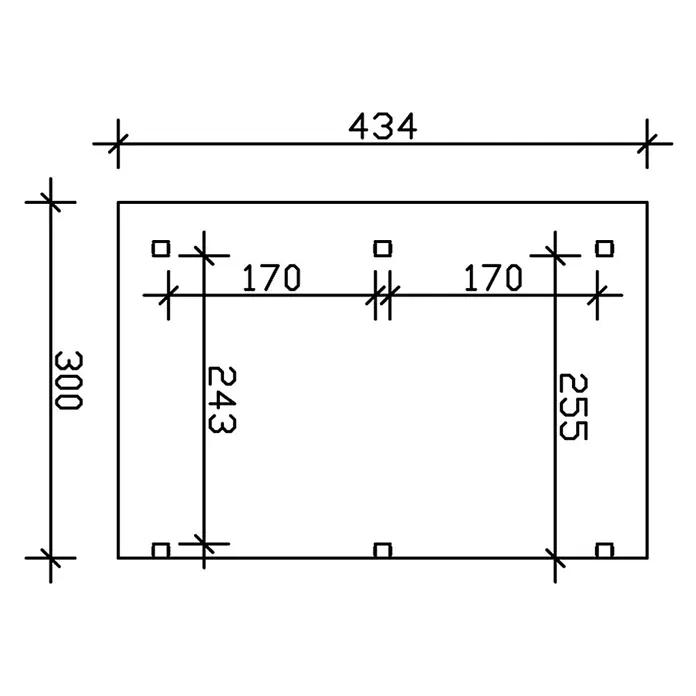 SKAN HOLZ Terrassenüberdachung Siena - B x T: 434 x 300 cm, Anthrazit, Polycarbonat, Transparent - Technisches Zeichnung einer rechteckigen Platte, 434x300 Einheiten, mit sechs quadratischen Aussparungen und Maßen für die Lochpositionierung.