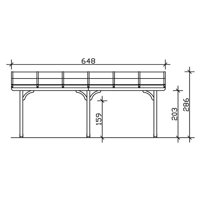 SKAN HOLZ Terrassenüberdachung Venezia - B x T: 648 x 289 cm, Anthrazit, Polycarbonat, Transparent - Technische Zeichnung einer erhöhten Plattform mit Geländer und Stützpfosten, inkl. Maßen. Ideal für Balkone oder Decks.