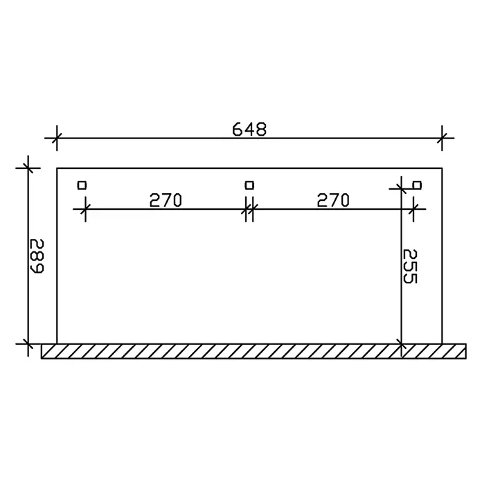 SKAN HOLZ Terrassenüberdachung Venezia - B x T: 648 x 289 cm, Anthrazit, Polycarbonat, Transparent - Technisches Zeichnung eines Bauteils, 648x289 Einheiten, mit drei internen quadratischen Merkmalen im Abstand von 270 Einheiten.