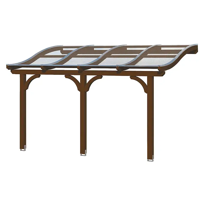 SKAN HOLZ Terrassenüberdachung Venezia - B x T: 434 x 289 cm, Nussbaum, Polycarbonat, Transparent - Dunkelbraune Holzpergola mit gebogenem, transparentem Wellplattendach und stabilen Pfosten.