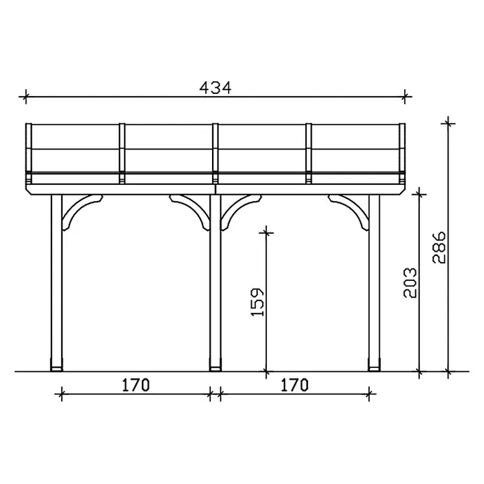 SKAN HOLZ Terrassenüberdachung Venezia - B x T: 434 x 289 cm, Natur, Polycarbonat, Transparent - Technische Zeichnung einer erhöhten Passarelle mit Geländer und Stützen, inklusive Maße.