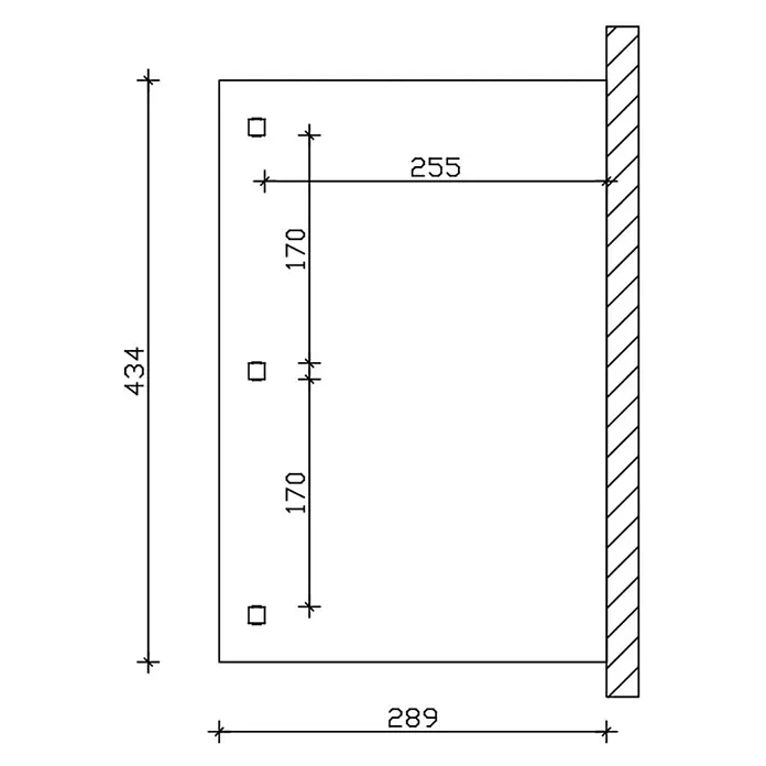 SKAN HOLZ Terrassenüberdachung Venezia - B x T: 434 x 289 cm, Natur, Polycarbonat, Transparent - Technische Zeichnung mit Maßen für ein rechteckiges Objekt mit drei Befestigungspunkten. Gesamtmaße 434x289, vertikaler Abstand 170mm, horizontaler Versatz 255mm.