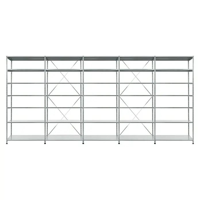 Scholz Metallregal SE - Höhe: 300 cm, B x T: 509 x 30 cm, Traglast pro Boden: 100 kg, Anzahl Böden: 7 Stk., Stecken, Silber - Abbildung eines silberfarbenen Schwerlastregals mit mehreren Ebenen und stabilen X-förmigen Verstrebungen für Lagerung.