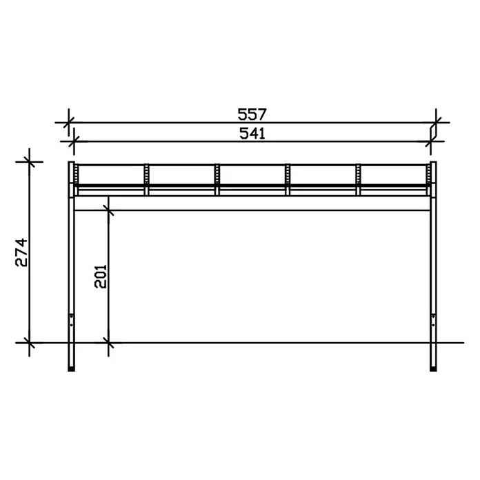 SKAN HOLZ Terrassenüberdachung Novara - B x T: 557 x 259 cm, Anthrazit, Polycarbonat, Transparent - Technische Zeichnung eines Etagenbettgestells. Gesamtlänge 557, Höhe 274. Innenhöhe 201.