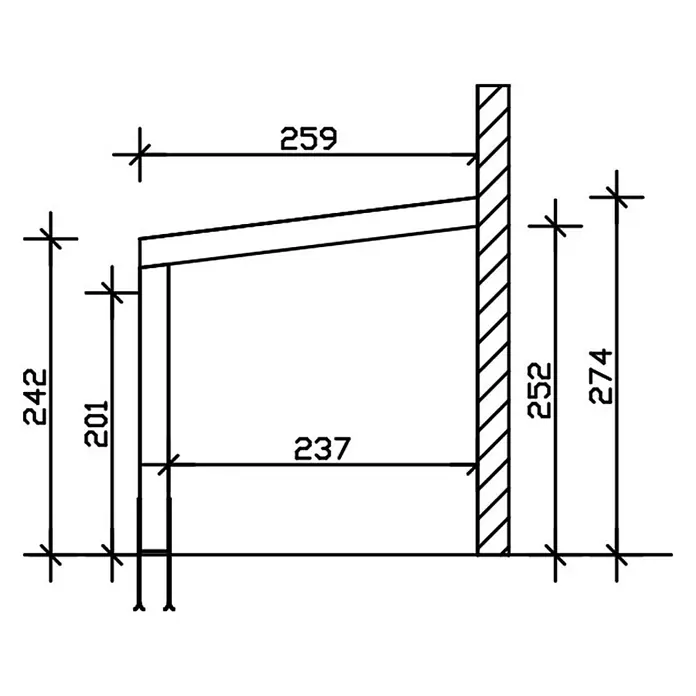SKAN HOLZ Terrassenüberdachung Novara - B x T: 557 x 259 cm, Anthrazit, Polycarbonat, Transparent - Technische Zeichnung eines wandmontierten Regals mit Maßangaben.