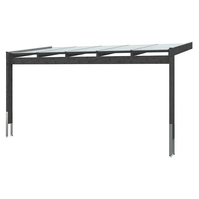 SKAN HOLZ Terrassenüberdachung Novara - B x T: 557 x 259 cm, Anthrazit, Polycarbonat, Transparent - Dunkelgrauer Holzcarport mit hellem, transparentem Dach und Metallpfostenankern.