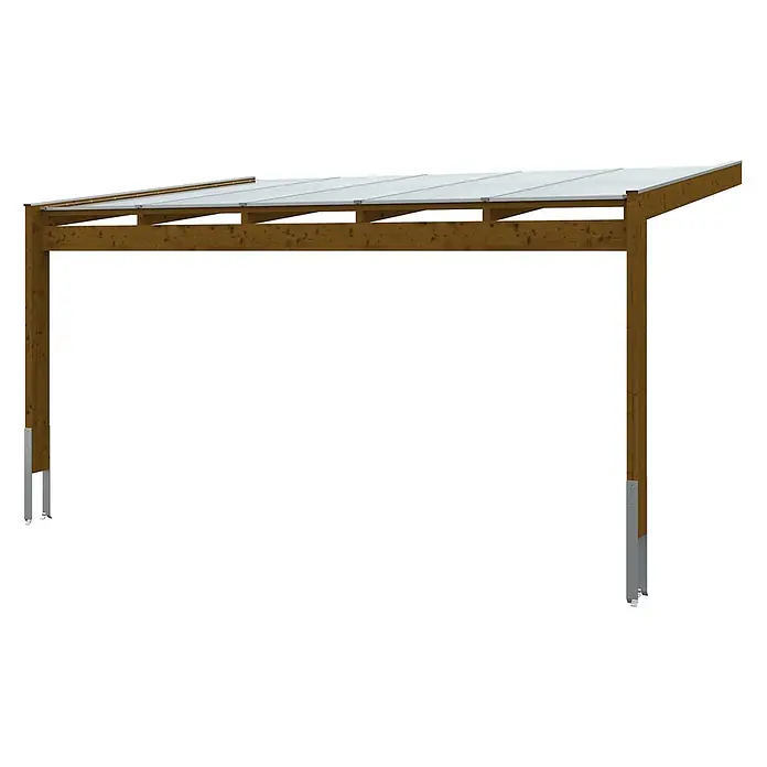 SKAN HOLZ Terrassenüberdachung Novara - B x T: 557 x 359 cm, Nussbaum, Polycarbonat, Transparent - Braunes Holzcarport mit durchsichtigem Wellplattendach, getragen von Holzbalken und Pfosten mit Metallfuß.
