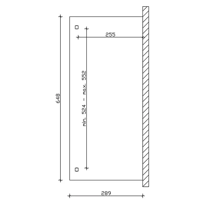 SKAN HOLZ Terrassenüberdachung Verona - B x T: 648 x 289 cm, Natur, Polycarbonat, Transparent - Technische Zeichnung mit Montagemaßen: 289x648mm gesamt, mit zwei quadratischen Löchern 255mm vom linken Rand und 524-552mm vertikalem Abstand.