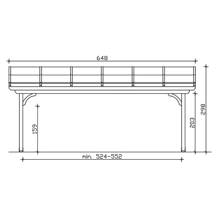 SKAN HOLZ Terrassenüberdachung Verona - B x T: 648 x 289 cm, Natur, Polycarbonat, Transparent - Technischer Zeichnung einer Holzstruktur mit Geländer, Stützpfosten und Hauptmaßen.