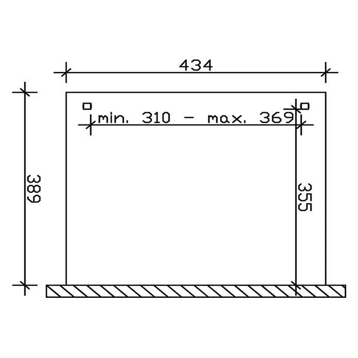 SKAN HOLZ Terrassenüberdachung Verona - B x T: 434 x 389 cm, Anthrazit, Polycarbonat, Transparent - Bemaßte technische Zeichnung eines Rechteckrahmens: außen 434x389, innen Breite min. 310-max. 369, innen Höhe 355.