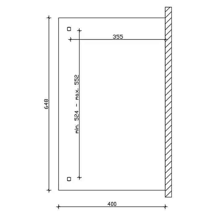 SKAN HOLZ Terrassenüberdachung Ancona - B x T: 648 x 400 cm, Nussbaum, Polycarbonat, Transparent - Technische Zeichnung eines rechteckigen Panels (400x648mm) mit zwei Montagebohrungen. Bohrungen sind 355mm von der linken Kante entfernt, vertikal 524-552mm voneinander beabstandet.