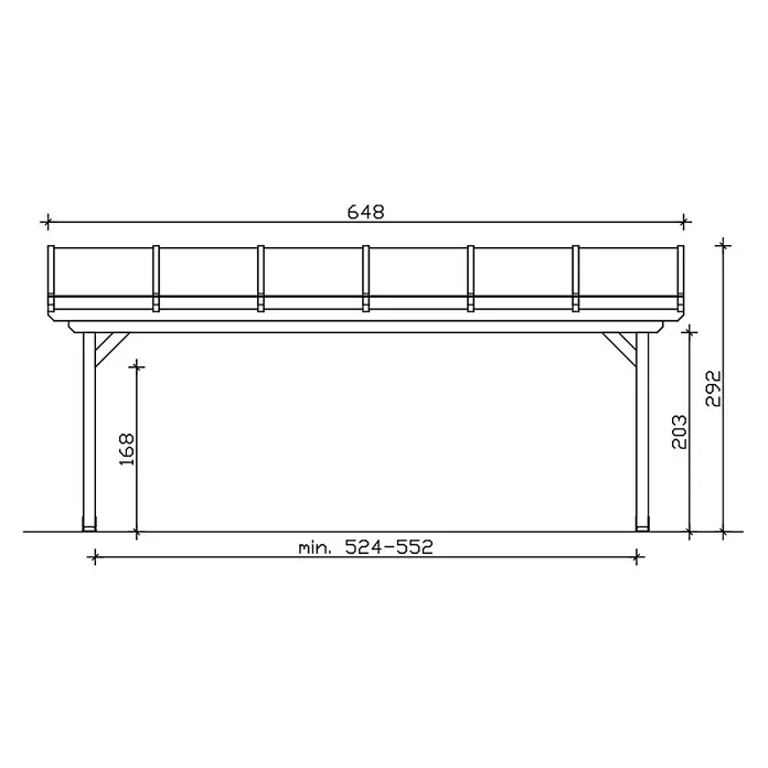 SKAN HOLZ Terrassenüberdachung Ancona - B x T: 648 x 400 cm, Nussbaum, Polycarbonat, Transparent - Technisches Zeichnung einer erhöhten Holzterrasse mit Geländer, auf Pfosten gestützt. Maße: Länge 648, Gesamthöhe 292.