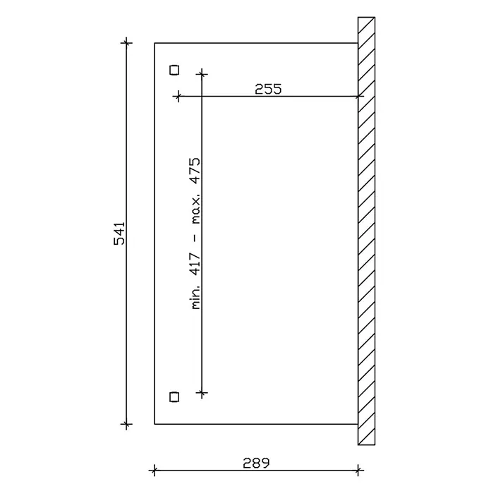SKAN HOLZ Terrassenüberdachung Verona - B x T: 541 x 289 cm, Natur, Polycarbonat, Transparent - Installationszeichnung. Maße: 541 Höhe, 289 Tiefe. Befestigungspunkte: 255 horizontal, 417-475 vertikaler Abstand.