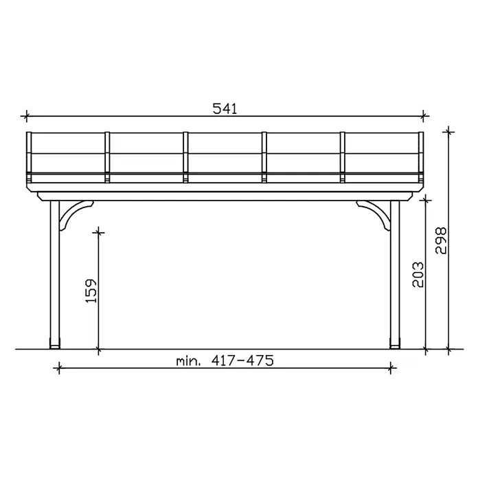 SKAN HOLZ Terrassenüberdachung Verona - B x T: 541 x 289 cm, Natur, Polycarbonat, Transparent - Technische Zeichnung eines erhöhten Geländers mit Pfosten und Maßen: 541 (Breite), 298 (Höhe).
