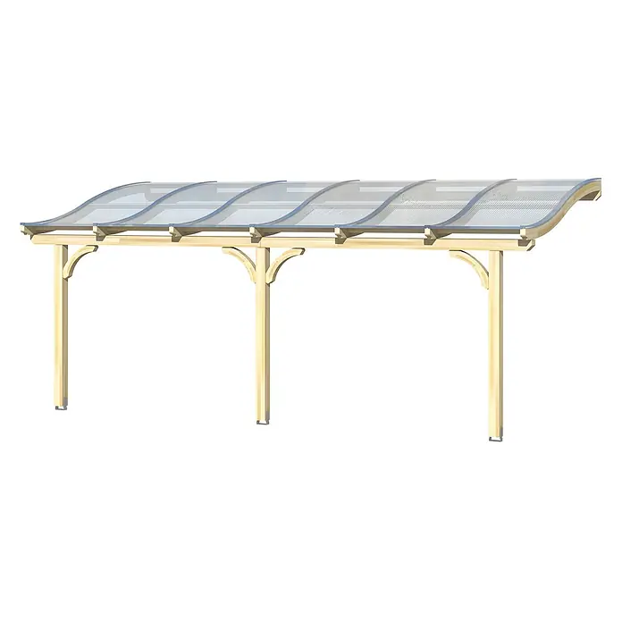 SKAN HOLZ Terrassenüberdachung Venezia - B x T: 648 x 389 cm, Natur, Polycarbonat, Transparent - Helle Holzpergola mit geschwungenen Stützen und einem transparenten, gewellten Polycarbonatdach.