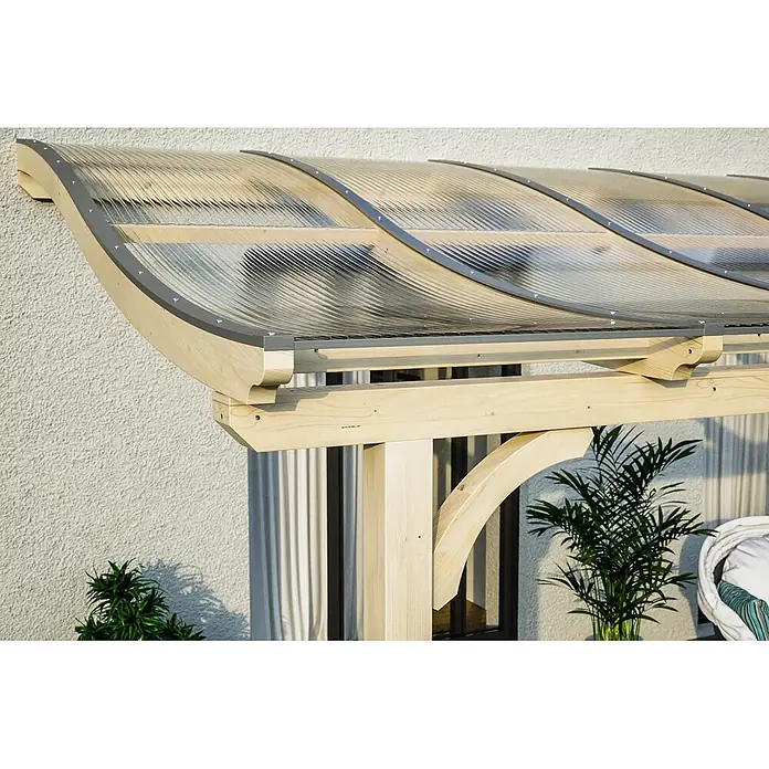 SKAN HOLZ Terrassenüberdachung Venezia - B x T: 648 x 239 cm, Natur, Polycarbonat, Transparent - Helle Holzpergola mit geschwungenem, klarem Wellplattendach, ideal als Wetterschutz.