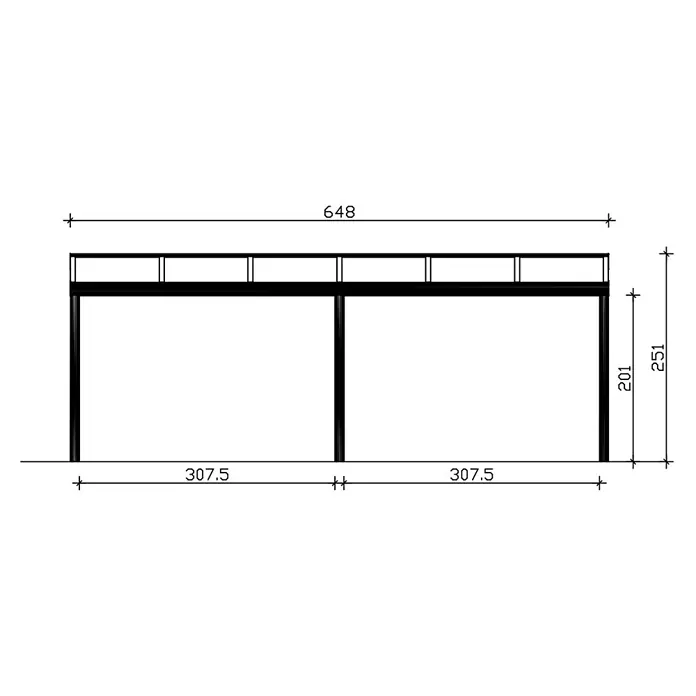SKAN HOLZ Terrassenüberdachung Garda - B x T: 648 x 257 cm, Weiß, Polycarbonat, Transparent - Schwarze Rahmenkonstruktion mit architektonischen Maßen: Gesamtbreite 648, Segmentbreiten 307,5, Höhen 201/251.