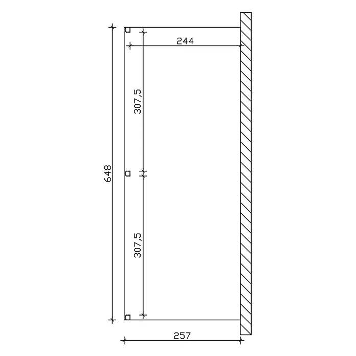 SKAN HOLZ Terrassenüberdachung Garda - B x T: 648 x 257 cm, Weiß, Polycarbonat, Transparent - Technische Zeichnung eines rechteckigen Abschnitts mit Gesamthöhe 648. Maße: zwei vertikale 307,5er Abschnitte, obere Tiefe 244, untere Tiefe 257.