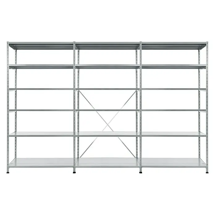 Scholz Metallregal SE - Höhe: 228 cm, B x T: 307 x 40 cm, Traglast pro Boden: 140 kg, Anzahl Böden: 6 Stk., Stecken, Silber - Abbildung eines Metallregals mit mehreren Ebenen zur Lagerung von Gegenständen, ideal für Keller oder Garagen.