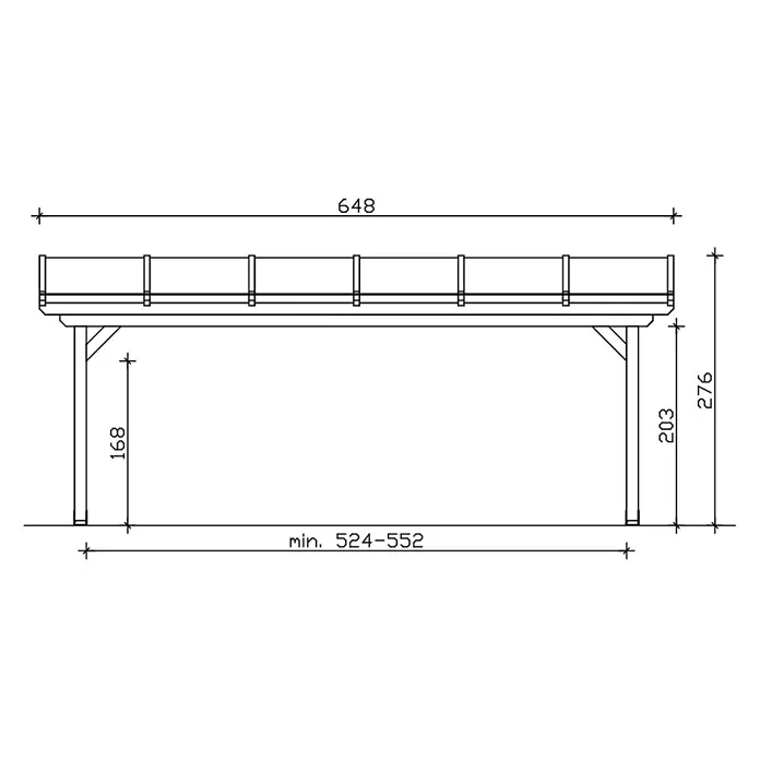 SKAN HOLZ Terrassenüberdachung Ancona - B x T: 648 x 300 cm, Natur, Polycarbonat, Transparent - Technische Zeichnung einer erhöhten Außenstruktur mit Geländer und Stützpfosten, Maße darstellend.