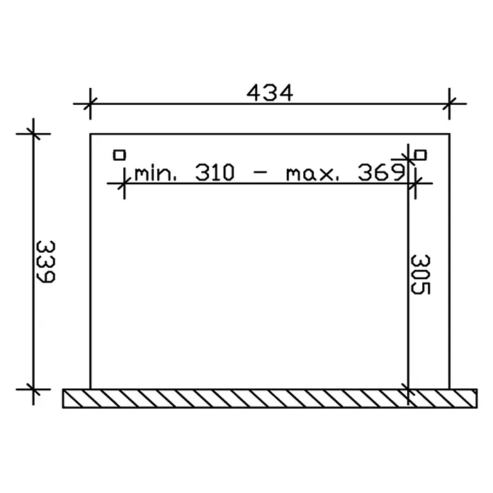 SKAN HOLZ Terrassenüberdachung Verona - B x T: 434 x 339 cm, Anthrazit, Polycarbonat, Transparent - Technische Zeichnung eines Rahmens: Breite 434, Höhen 339 und 305, Innenbreite verstellbar von 310 bis 369.