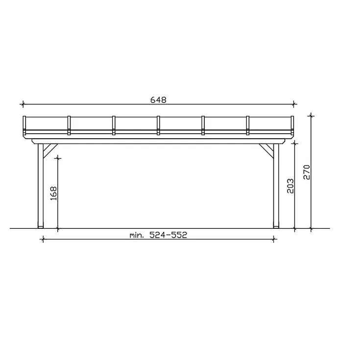 SKAN HOLZ Terrassenüberdachung Ancona - B x T: 648 x 250 cm, Anthrazit, Polycarbonat, Transparent - Technisches Zeichnung eines Carports, Vorderansicht, zeigt Gesamtlänge 648, Gesamthöhe 270 und einstellbare Basisbreite min. 524-552.