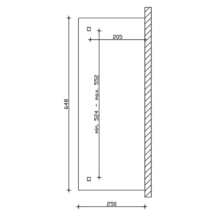 SKAN HOLZ Terrassenüberdachung Ancona - B x T: 648 x 250 cm, Anthrazit, Polycarbonat, Transparent - Montagezeichnung für ein rechtegteckiges Objekt (648x250mm). Zeigt zwei Löcher, 205mm von der Wand, vertikaler Abstand 524-552mm.