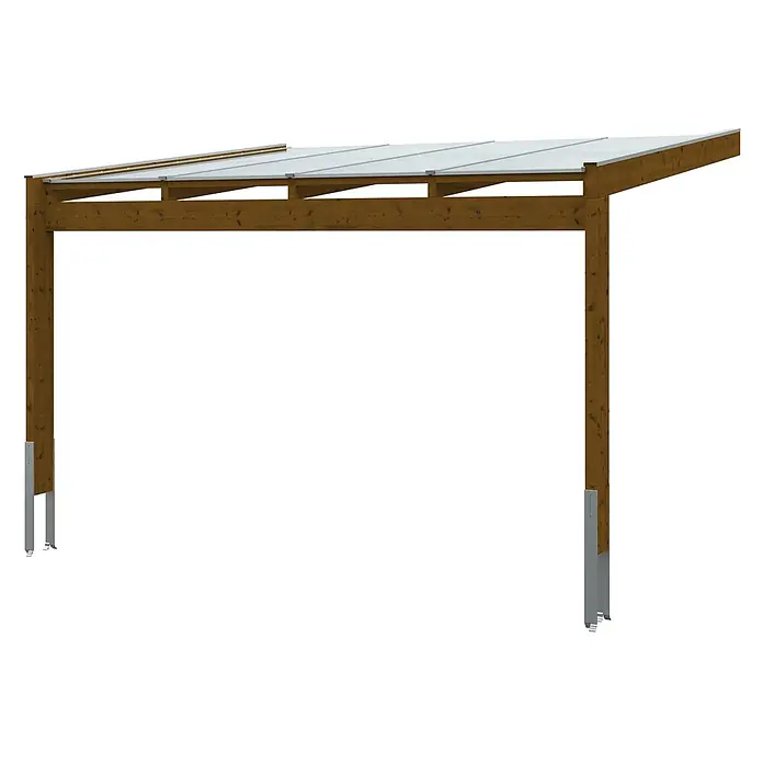 SKAN HOLZ Terrassenüberdachung Novara - B x T: 450 x 359 cm, Nussbaum, Polycarbonat, Transparent - Holzcarport mit lichtdurchlässigem Dach und Metallpfostenfüßen.