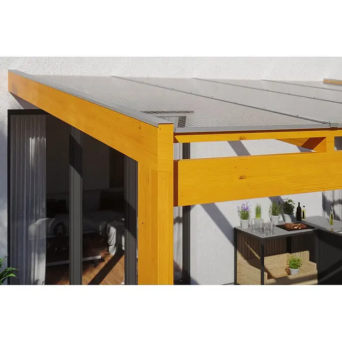 SKAN HOLZ Terrassenüberdachung Novara - B x T: 450 x 359 cm, Eiche hell, Polycarbonat, Transparent - Terrassenüberdachung mit warmem Holzrahmen und transparentem Wellplattendach, ideal für den Außenbereich.