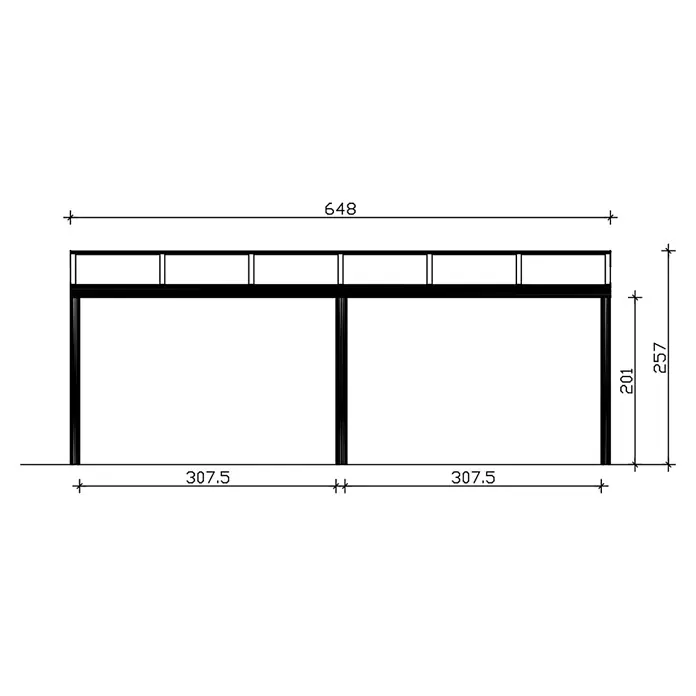 SKAN HOLZ Terrassenüberdachung Garda - B x T: 648 x 307 cm, Weiß, Polycarbonat, Transparent - Technische Zeichnung eines rechteckigen Regalrahmens, 648 Einheiten lang, 257 Einheiten hoch, mit zwei unteren Fächern.