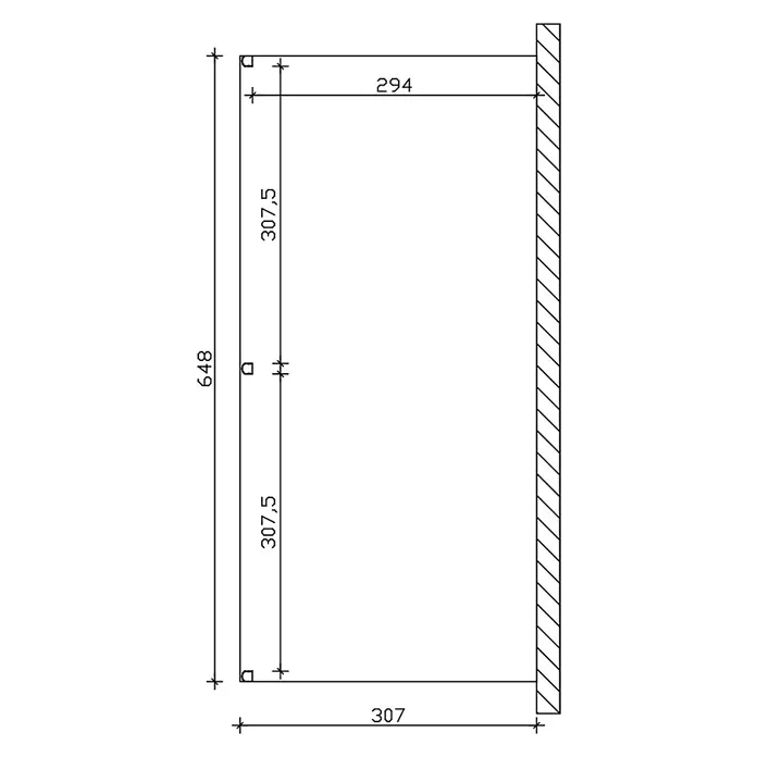 SKAN HOLZ Terrassenüberdachung Garda - B x T: 648 x 307 cm, Weiß, Polycarbonat, Transparent - Maßzeichnung einer rechteckigen Öffnung an einer Wand. Höhe 648, obere Breite 294 und untere Breite 307 sind angegeben.