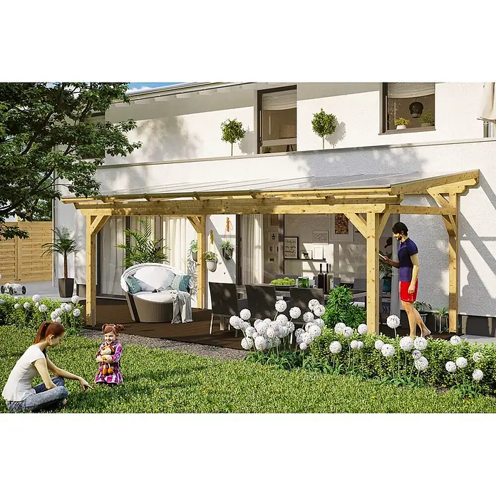 SKAN HOLZ Terrassenüberdachung Sanremo - B x T: 648 x 300 cm, Natur, Polycarbonat, Transparent - Hölzerne Pergola mit transparentem Dach am Haus, die eine Terrasse als Entspannungsbereich überdacht.