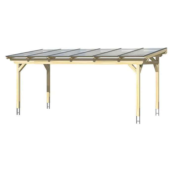 SKAN HOLZ Terrassenüberdachung Sanremo - B x T: 648 x 300 cm, Natur, Polycarbonat, Transparent - Holzpergola mit transparentem Schrägdach, auf vier Pfosten mit H-Ankern aus Metall stehend.